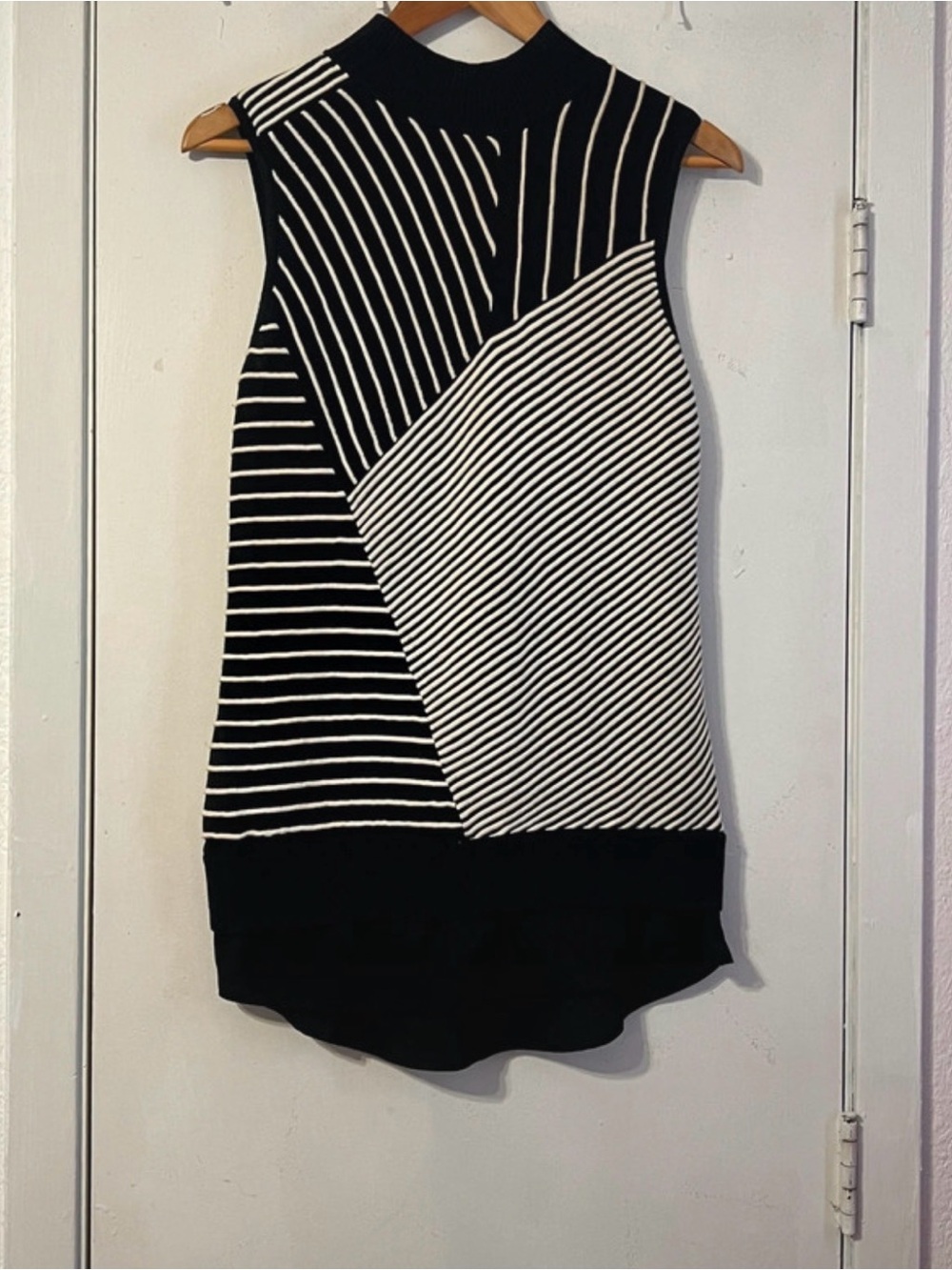Sleeveless Black & White Striped Knit Blouse